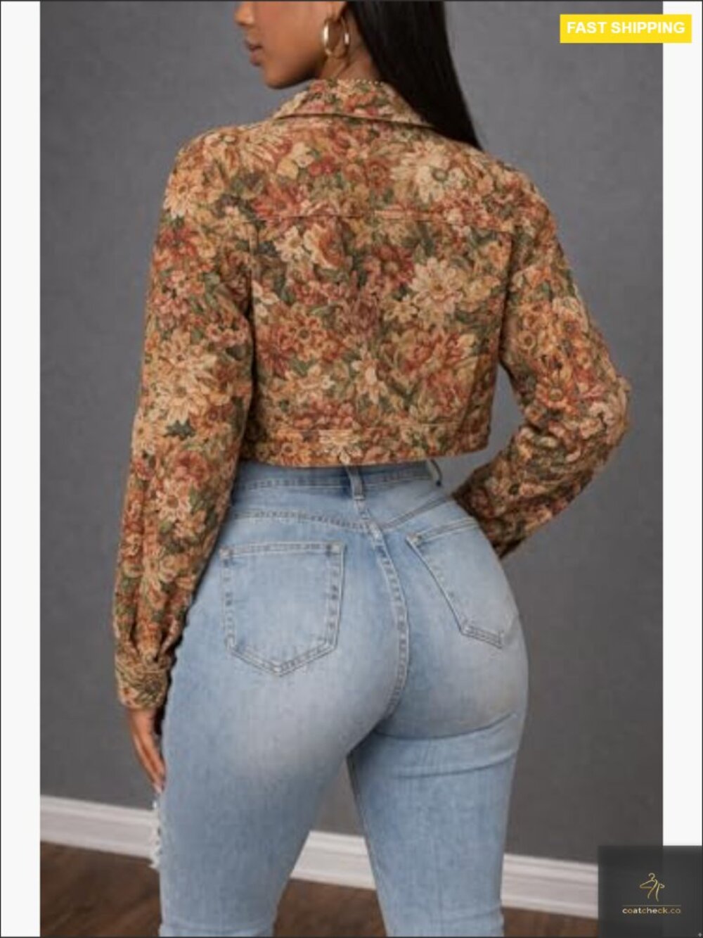 Cropped Jacquard Jacket Textured Floral Collared Button Up Lightweight with - Picture 5 of 7